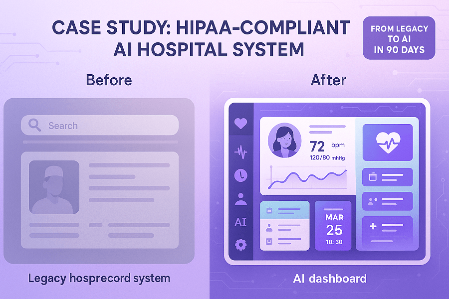 Visual comparison of legacy hospital system and AI-powered EHR system