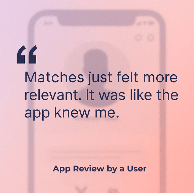 User quote praising the AI-powered matching experience on eSync.dating app