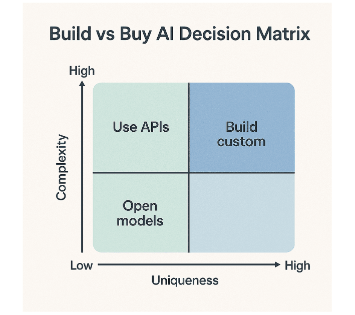 Decision matrix for choosing between building custom AI or using existing AI APIs