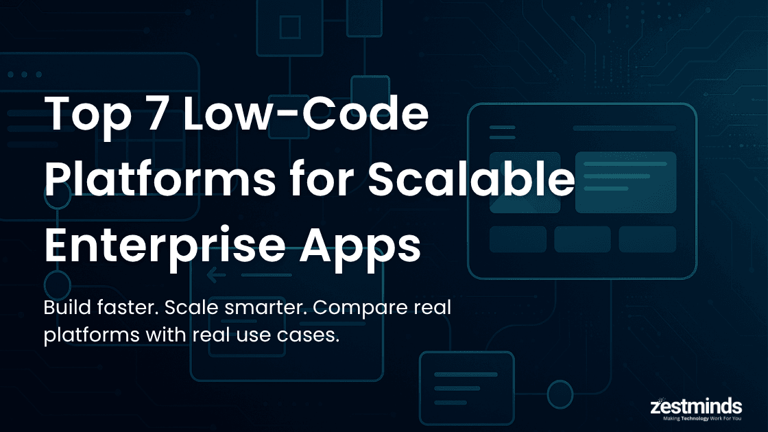 Illustration showing modern low-code enterprise app builder interface with connected UI modules and AI-inspired layout