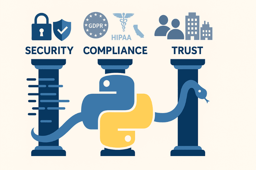 Python enterprise security and compliance infographic showing GDPR HIPAA CCPA pillars