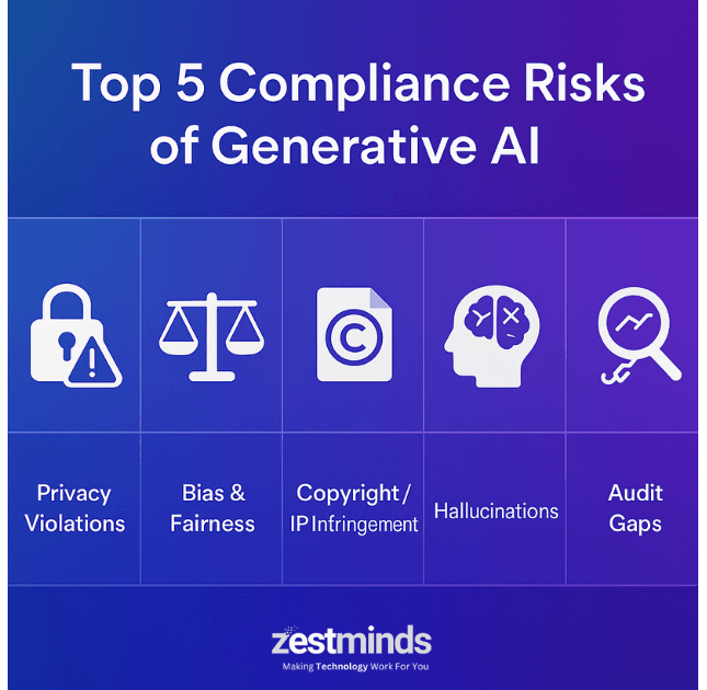 Infographic showing top compliance risks of generative AI for enterprises including privacy, bias, copyright, hallucinations, and audit gaps