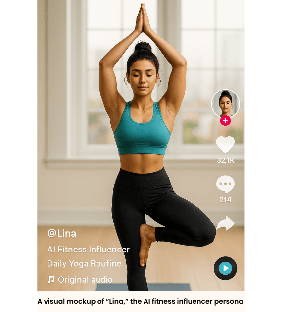 Mockup of Lina, an AI fitness influencer persona built with Unreal Engine and GPT-5 for TikTok content