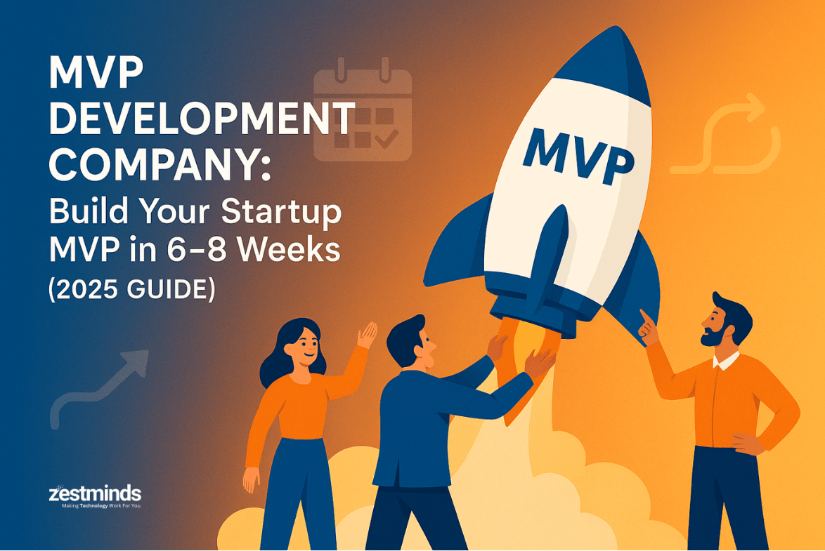 Hero banner showing startup founders launching MVP rocket with 6–8 weeks timeline
