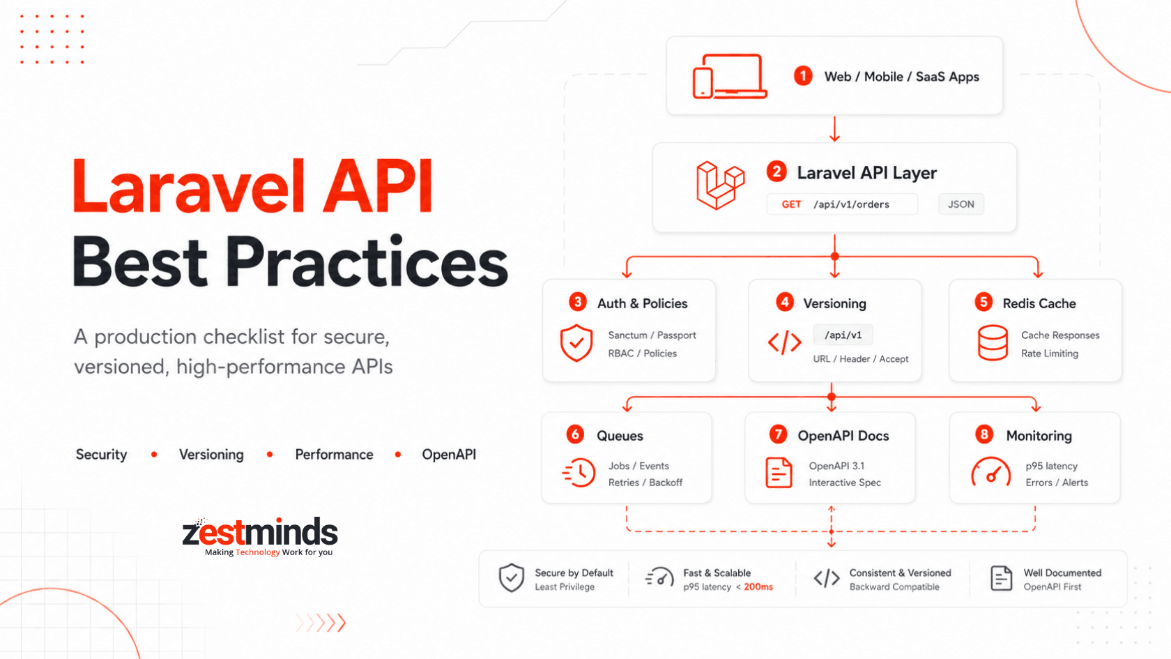 Laravel API best practices guide showing security versioning performance and OpenAPI workflow