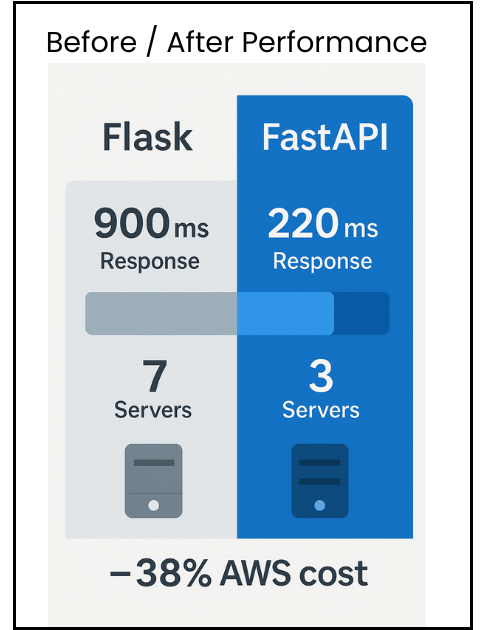 Before and after performance chart comparing Flask 900 ms vs FastAPI 220 ms, servers 7 vs 3, and –38 percent AWS cost