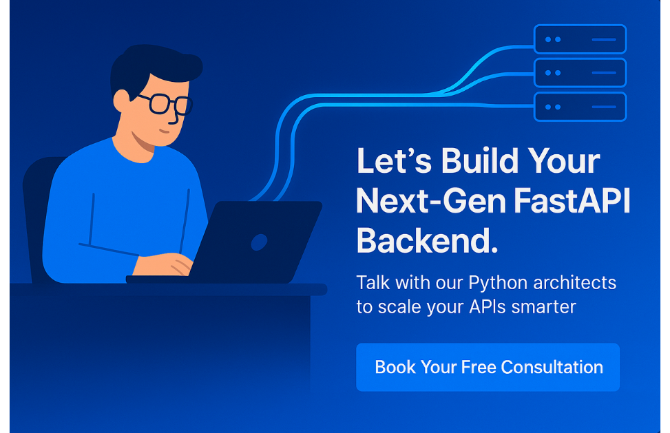 Developer at laptop with glowing async API lines to servers and headline Let’s Build Your Next-Gen FastAPI Backend
