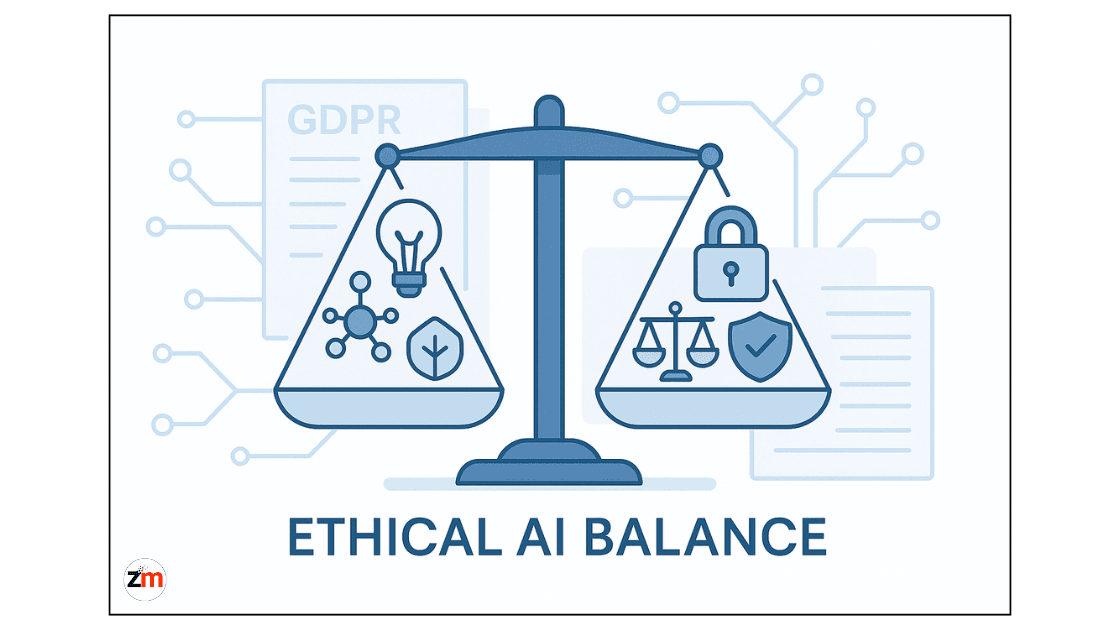Illustration showing ethical AI and GDPR compliance challenges in computer vision with balance scale icons.