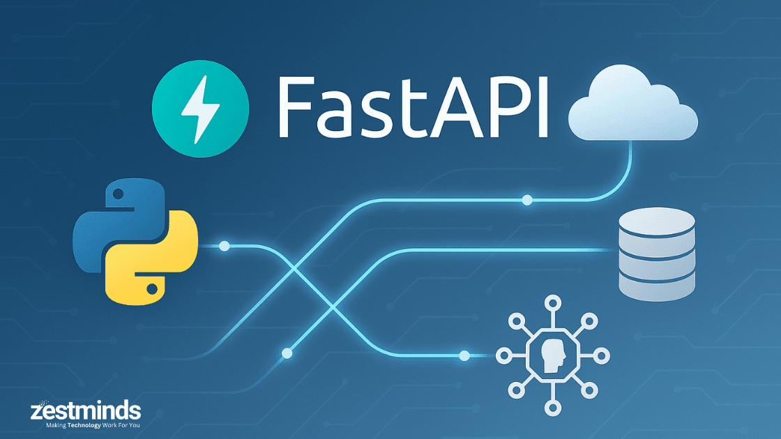 FastAPI 2025 setup and requirements guide illustration showing async Python API ecosystem by Zestminds