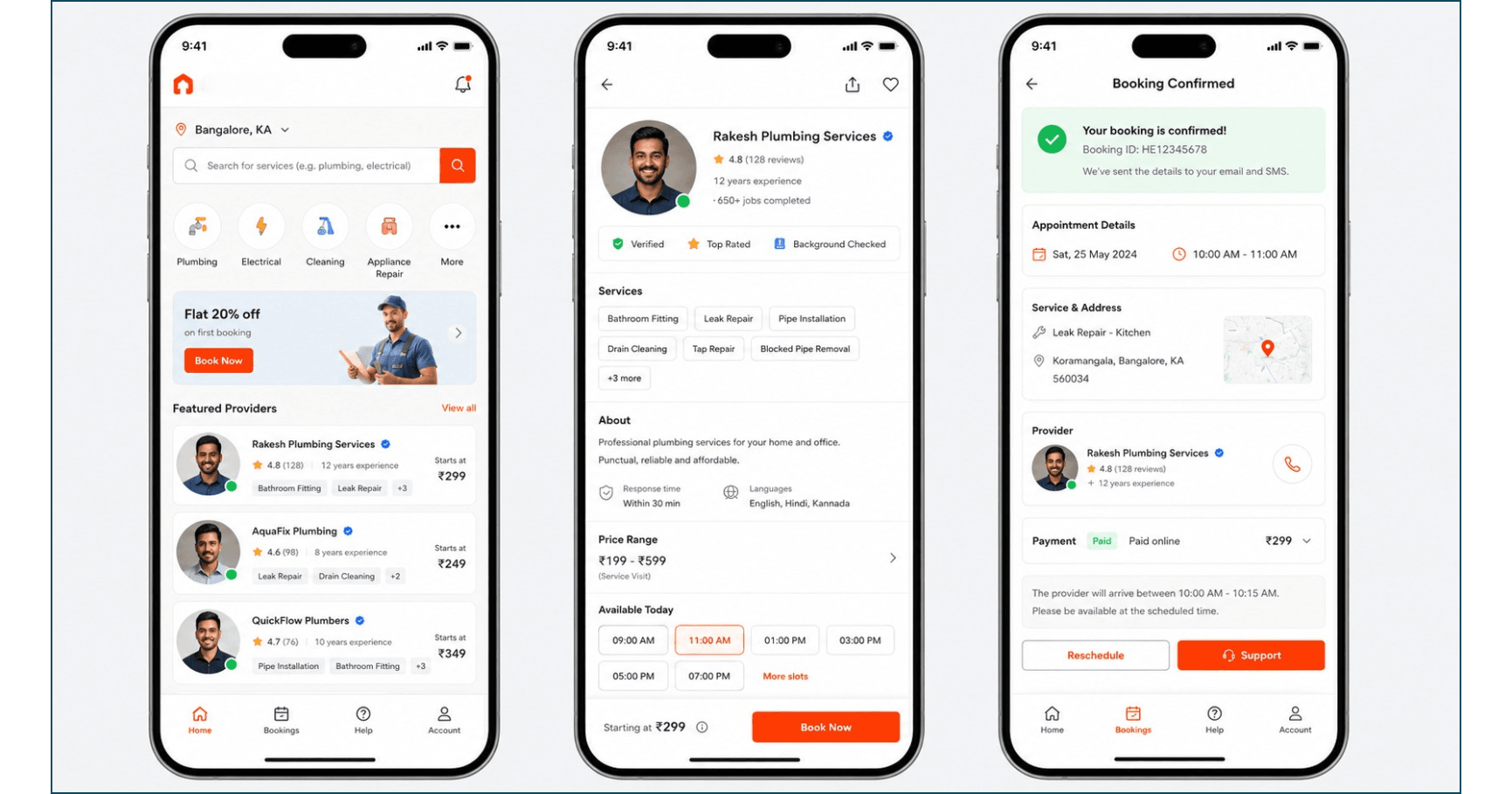 Customer mobile app screens for service discovery, provider profile and booking confirmation
