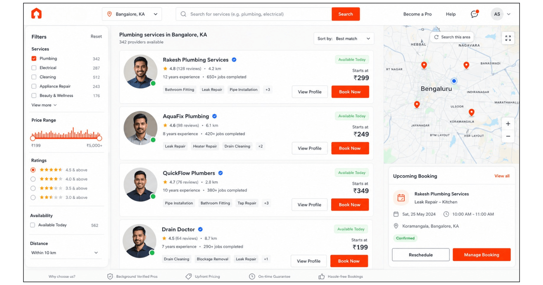On-demand service marketplace showing provider search, location map, ratings, availability and booking options