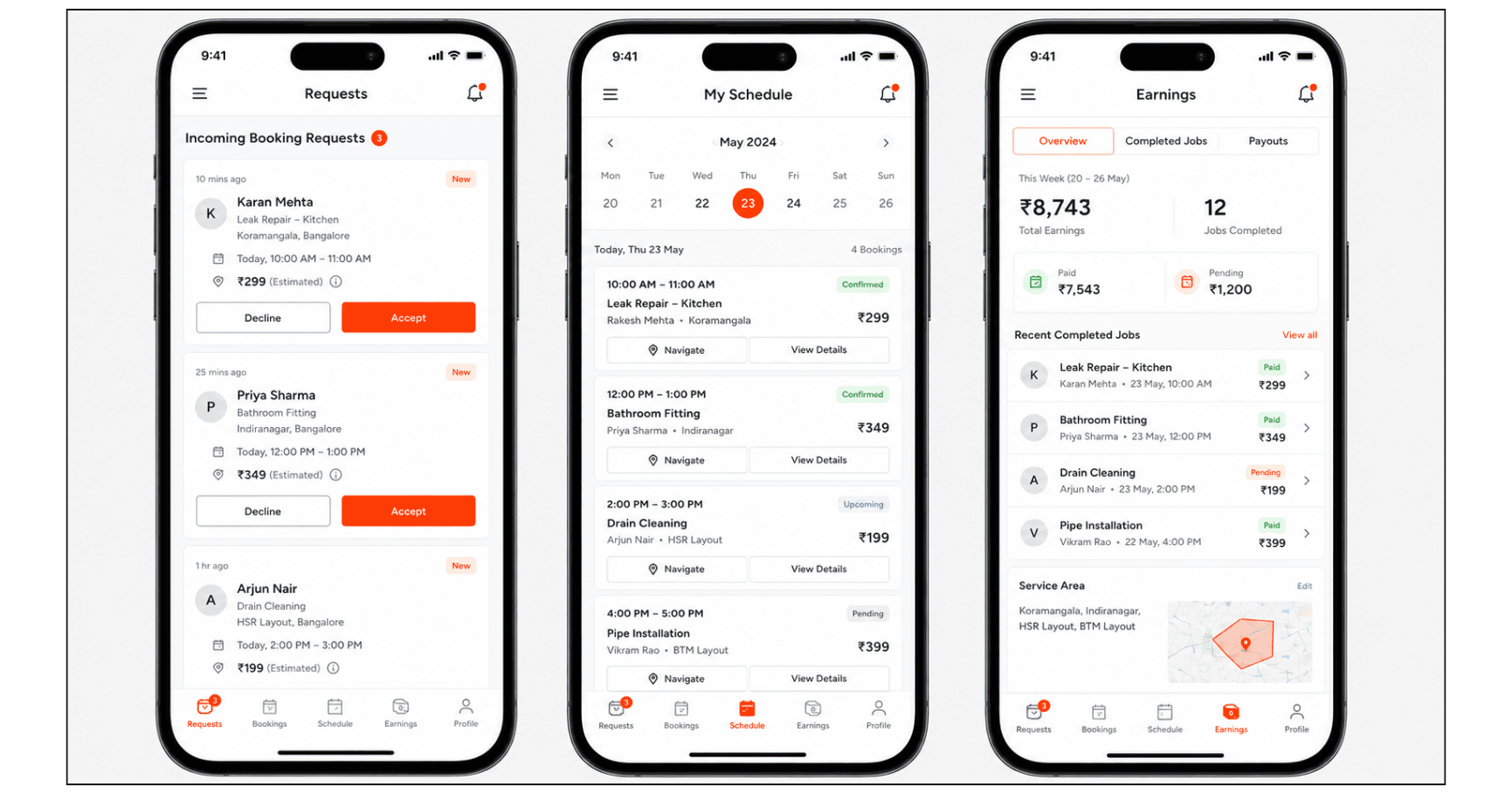 Service provider mobile app screens showing booking requests, schedule and earnings management