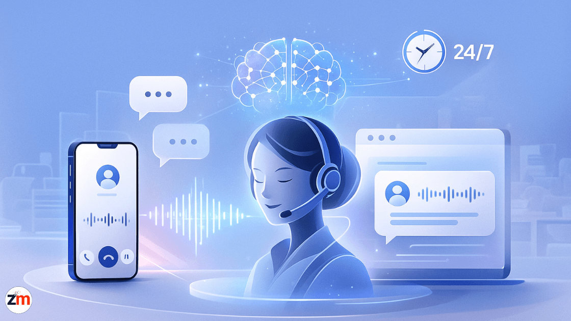 Hero banner showing AI voice receptionist assistant with phone and web call interfaces, representing 24/7 AI call handling.