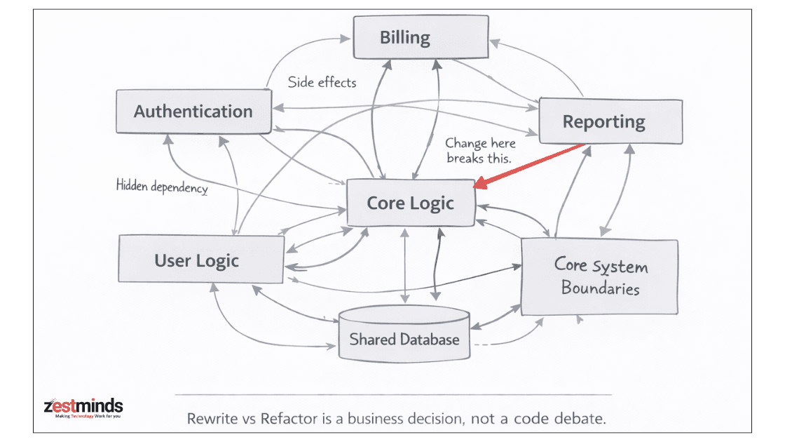 Legacy system coupling diagram showing core logic, shared database, and overlapping dependencies that cause side effects