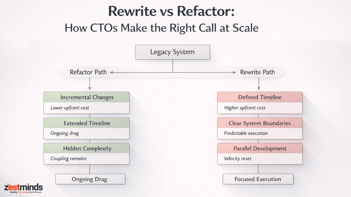 Rewrite vs refactor decision diagram showing CTO paths from legacy system to refactor or rewrite outcomes