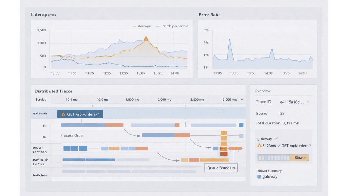 Observability dashboard showing latency, errors, and traces