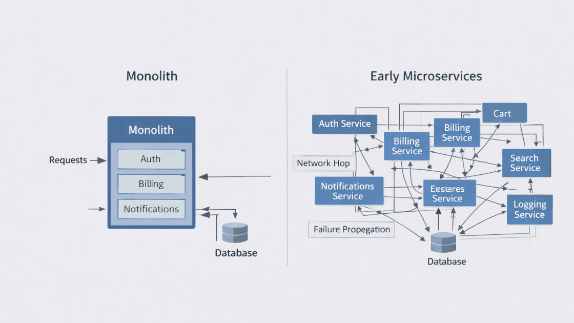 Comparison diagram of monolith and early microservices architecture