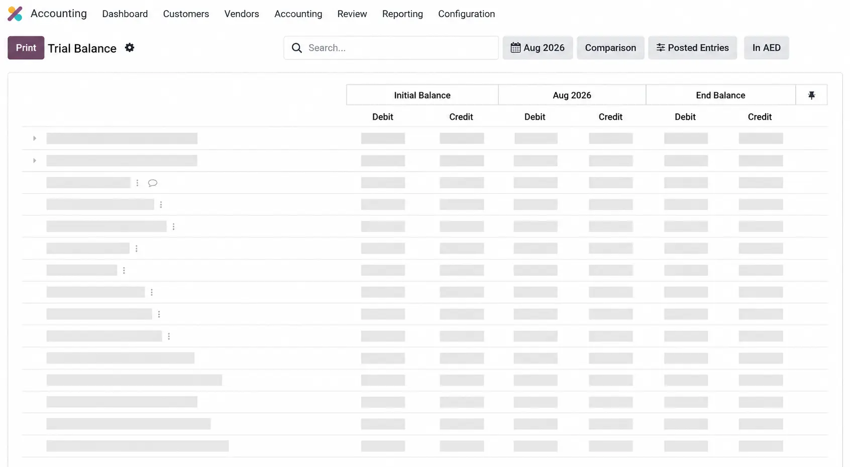 Sanitized Odoo Enterprise six-column trial balance used to validate multi-company accounting migration results