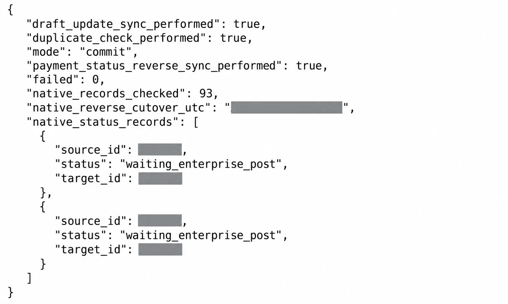 Sanitized Python synchronization log showing duplicate checks, draft updates and payment status reverse synchronization between Odoo systems
