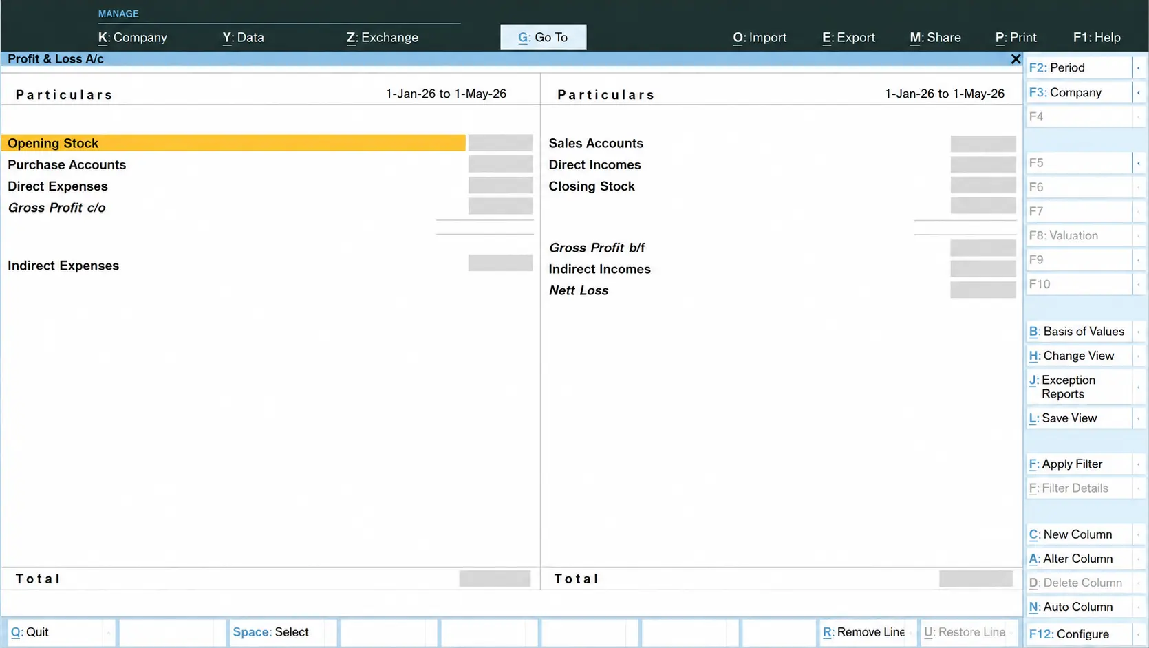 Sanitized TallyPrime profit and loss report used during accounting data migration validation for Odoo Enterprise