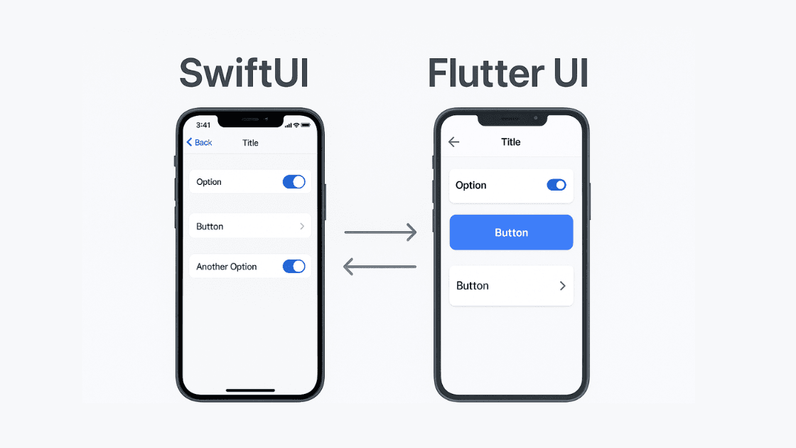 Side-by-side UI rendering comparison showing native SwiftUI iOS components versus Flutter’s custom-rendered widgets for cross-platform UI.