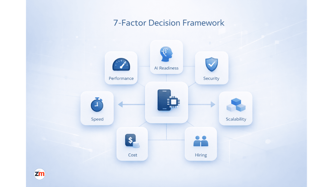 Infographic showing seven key factors for choosing a mobile app development platform including performance, AI readiness, cost, and scalability