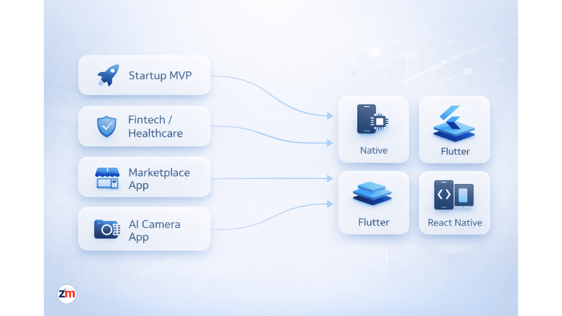 Decision-support infographic mapping startup MVPs, fintech, marketplaces, and AI apps to native, Flutter, and React Native platforms